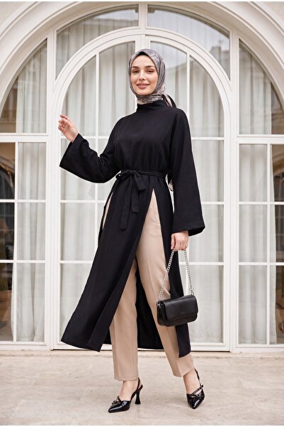 Modamorfo Hakim Collar Deep Slit Belted Long Modal Tunic - Black