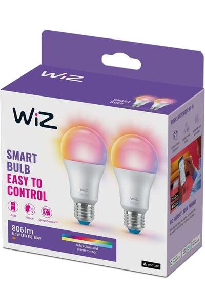 Wiz Smart LED Bulb A60 E27 (Pack of 2), 60W Equivalent 806lm, Color Changing ...