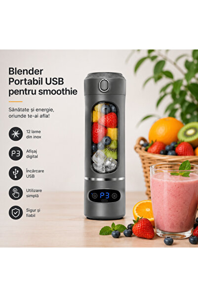OEM Blender Portabil USB pentru Smoothie, 12 lame din inox, afișaj digital, gri