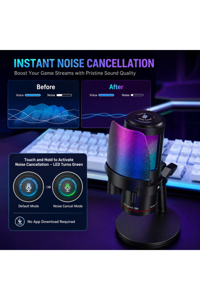 Velixo Microfon USB profesional cu braț reglabil, cardioid, reducere a zgomotului, funcție de mut, control volum, RGB, pentru streaming, gaming, podcast, negru