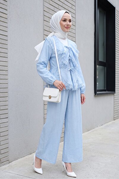 Modamorfo Lace Detailed Tie-Front Strawberry Set with Trousers - Baby Blue