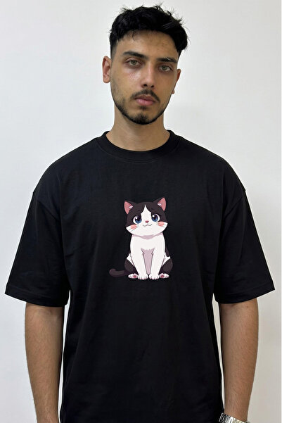 Anetos Anime Cat_1 dizajn, štampana oversize crna majica