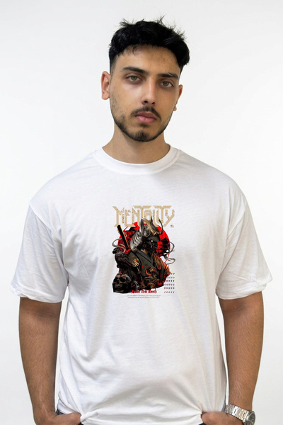 Anetos Samurai Kabuto Design Printed Oversize White T-Shirt
