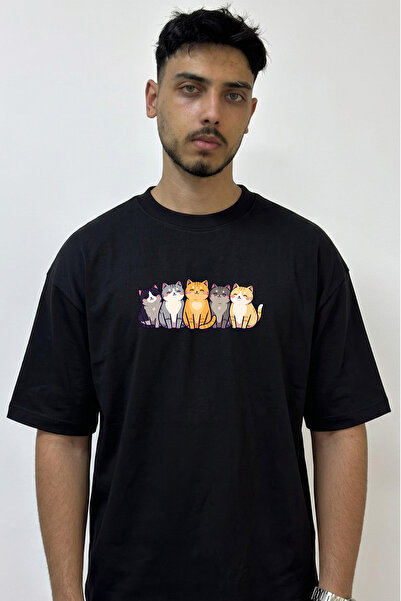 Anetos Cute Cats Design Printed Oversize Black T-Shirt
