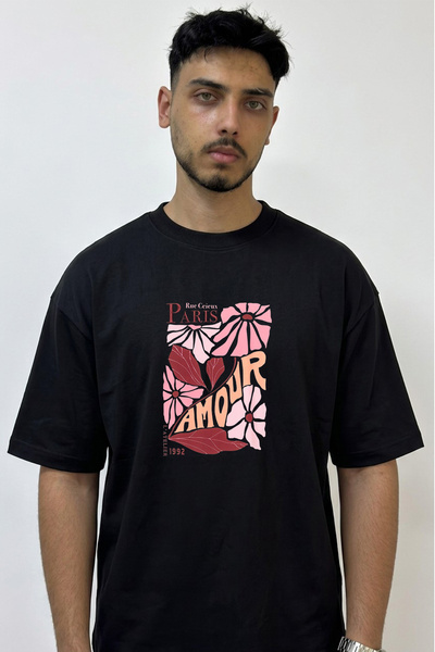 Anetos Paris Amour Design Printed Oversize Black T-Shirt