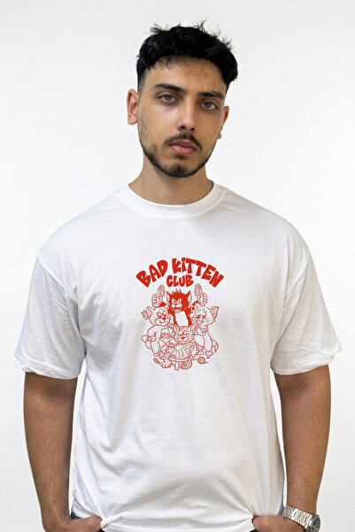 Anetos Bad Kitten Club Design Printed Oversize White T-Shirt