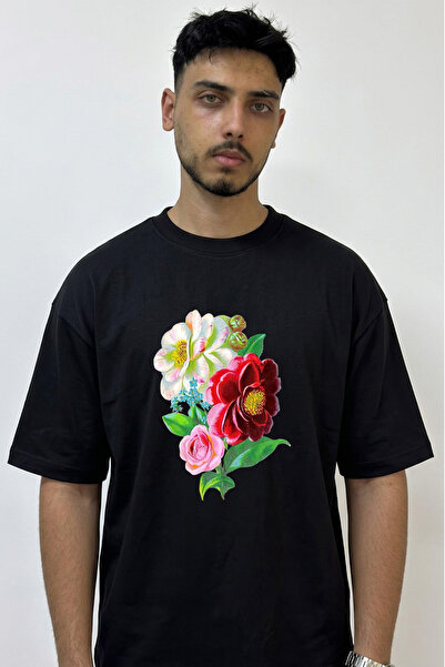 Anetos Vintage Flowers Design Printed Oversize Black T-Shirt