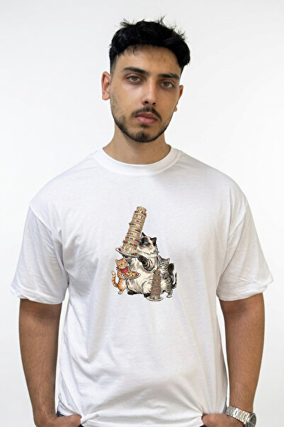 Anetos Cats Pisa Cake Design Printed Oversize White T-Shirt