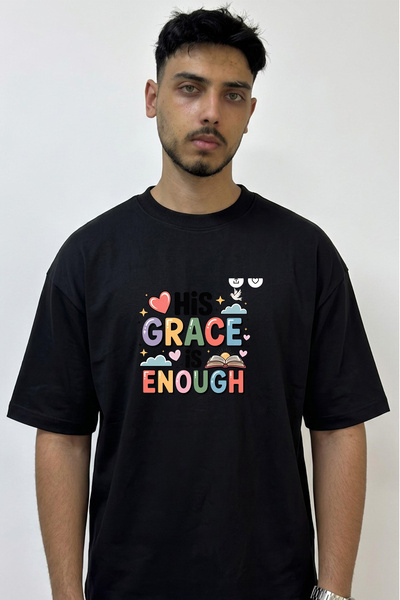 Anetos Grace Quote Design Printed Oversize Black T-Shirt