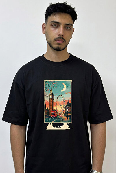 Anetos Big Ben London Eye Design Printed Oversize Black T-Shirt
