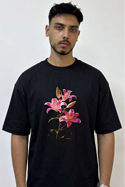 Anetos Pink Lily_2 Design Printed Oversize Black T-Shirt