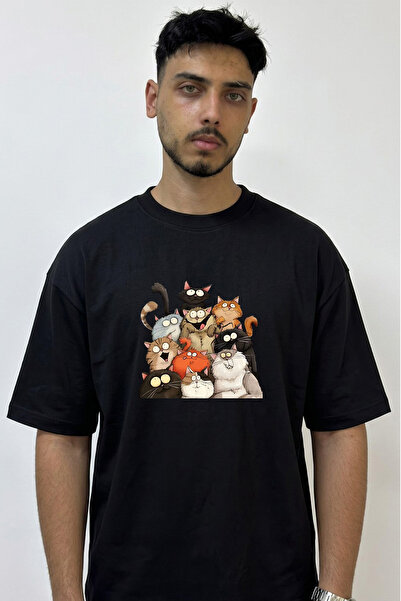 Anetos Funny Cats Design Printed Oversize Black T-Shirt