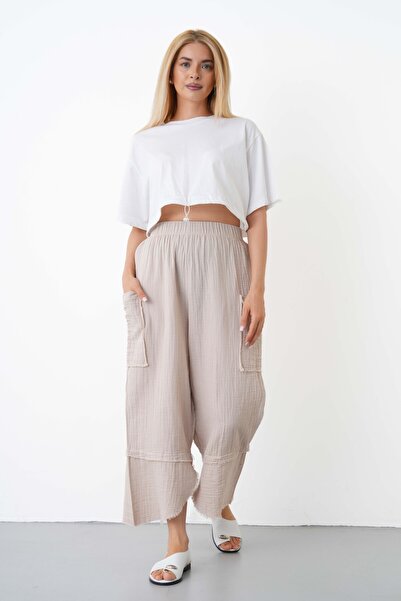 THE VOLER 100% Cotton Muslin Shalwar Trousers Women's High Waist Oversize Rel...