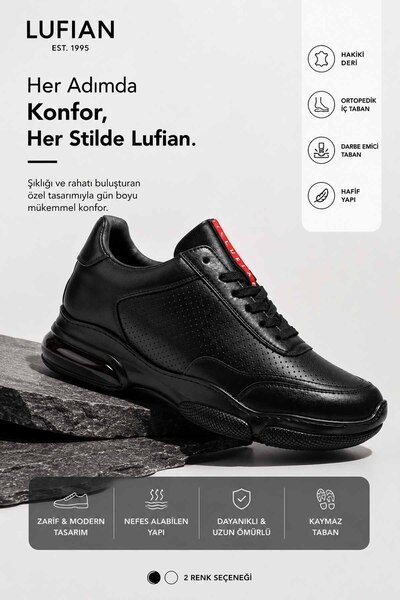 Lufian Men's 100% Genuine Leather Sneaker Black/White Daily Sports Shoes Orth...