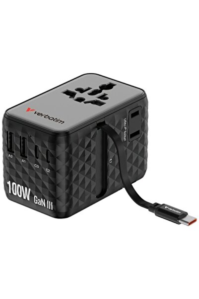 Verbatim Adaptor de călătorie 100W GaN, 2x USB-C, 2x USB-A, EU/UK/US
