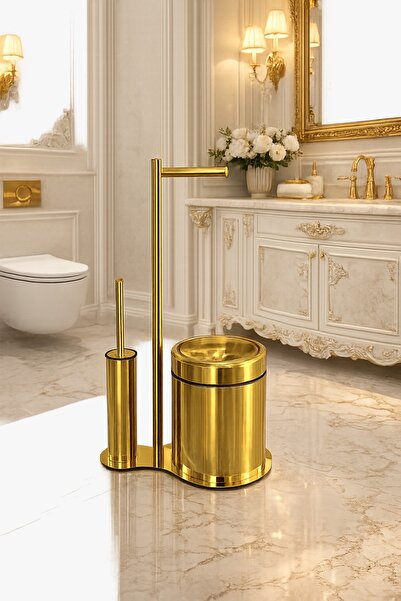 EMFA AKSESUAR Gold Toilet Brush Gold Toilet Paper Holder Gold Trash Can Stand...