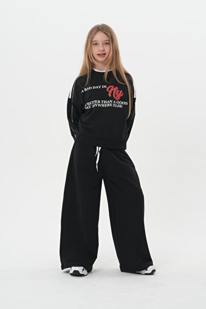HayKids Girl's Wide-Legged Contrast Waist Detailed Top and Bottom Set