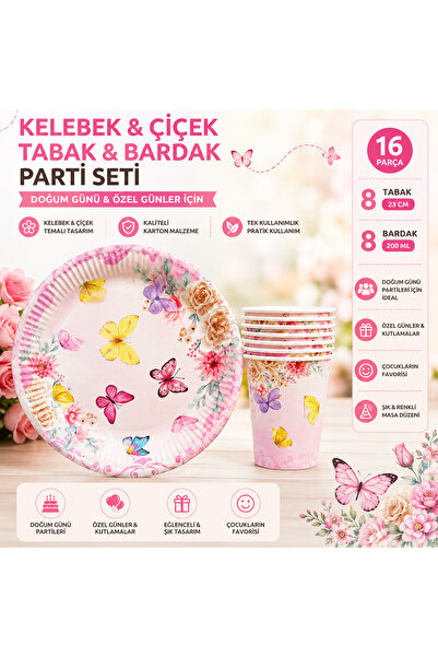 Ege Pastacılık Çiçek Temalı Karton Tabak ve Bardak Seti 16 Parça Doğum Günü P...