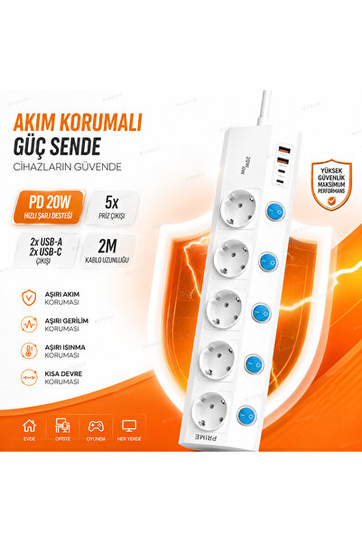 Nvg PD20C Akım Korumalı 5'li Priz 2M Kablolu 2 USB + 2 Type-C USB-C Çoklu Priz Anahtarlı FTR-28 Masaüstü Priz