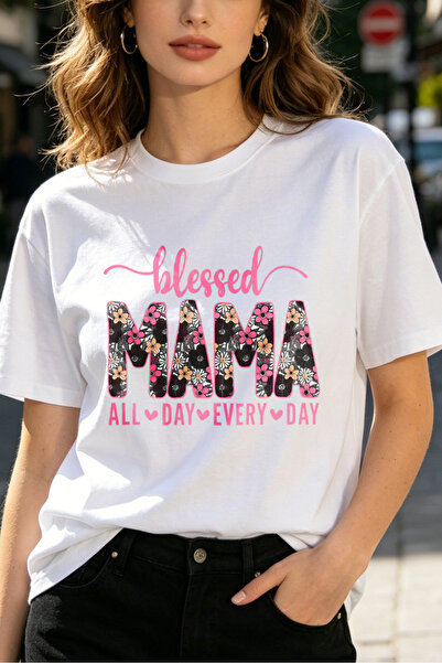 Fleck تي شيرت نسائي بطبعة زهور بتصميم كاجوال من Blessed Mama All Day Every Day