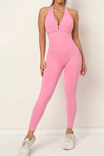 Fizion Salopeta fitness dama cu spate gol, SculptraX Jumpsuit, Roz