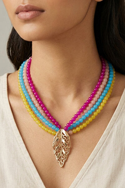 PETEK AKSESUAR Leaf Detail Glass Bead Necklace