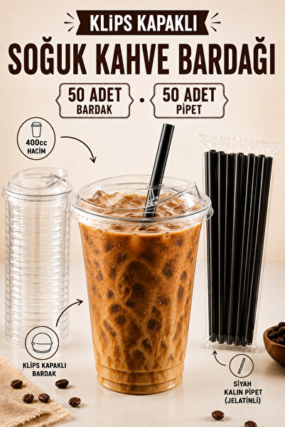 Delvos 50 Adet Klips Kapaklı Pipetli 400 Cc Plastik Pet Soğuk Kahve Limonata ...