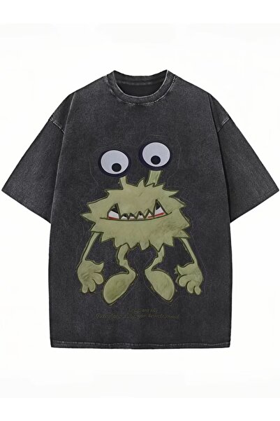 Touz Moda Cute Alien Printed Washable Vintage Unisex Oversize T-Shirt