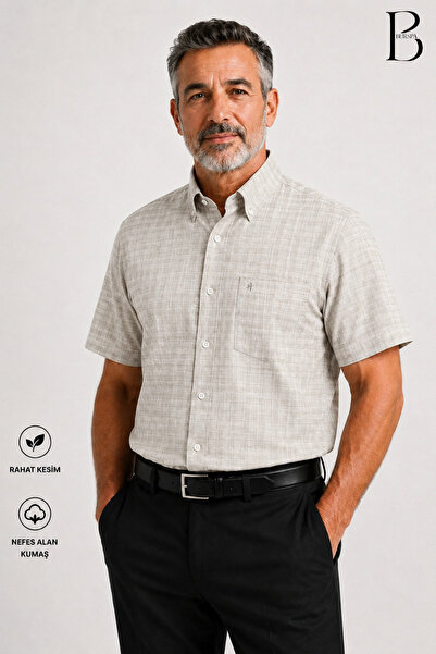 BURSPA Relaxed Fit Classic Men's Dad Checkered Short Sleeve Cotton Summer Shirt