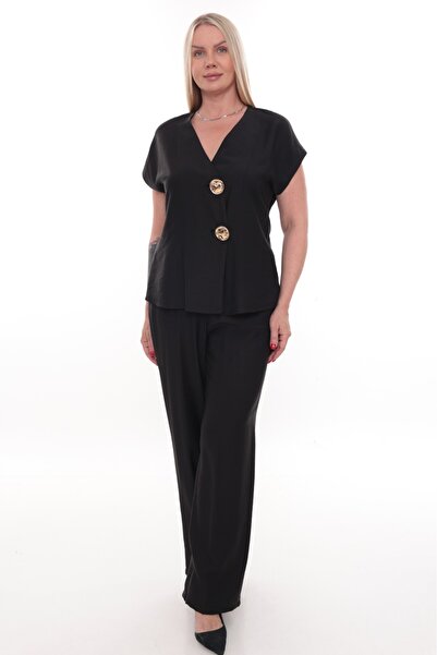 etselements V-Neck Button Detailed Short-Sleeved Linen Suit