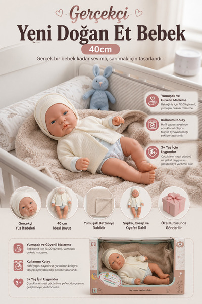 craftivio Gerçekçi Yenidoğan Et Bebek 40 cm - Battaniyeli ve Kıyafetli Özel K...
