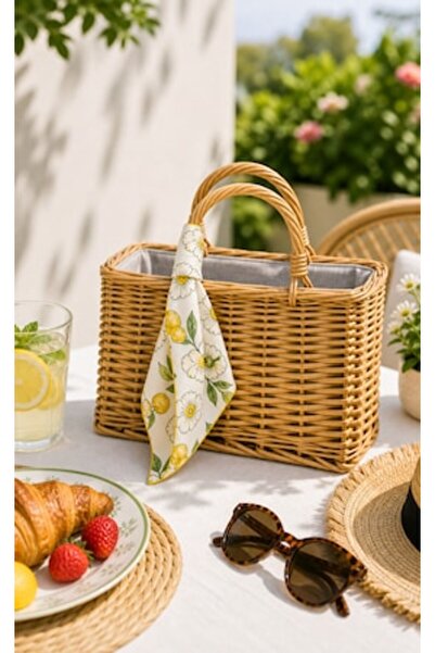 SHOPIENS Geantă de mână din paie cu eșarfă florală, căptușeală textilă, mâner...