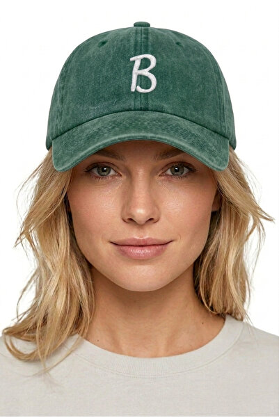 ŞapkaMania Letter B Dark Green Embroidered Washable Vintage Unisex Hat