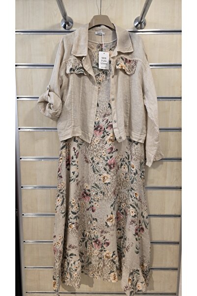 Park Moda Italian Linen Dress with Jacket, Sleeveless Inside, Floral Pattern
