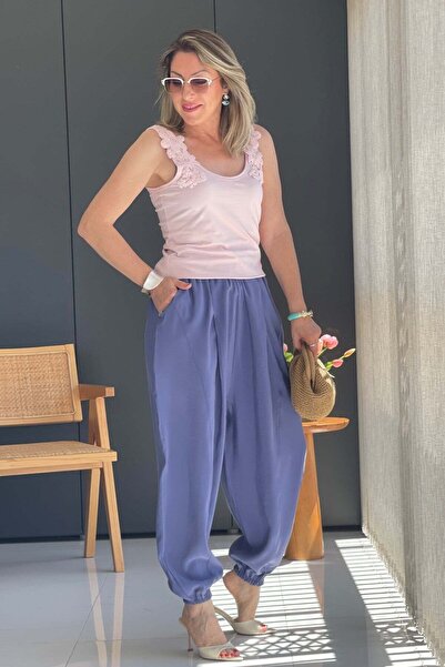 MİSLİNA BUTİK Paça Detay Şalvar Model Mavi Pantolon