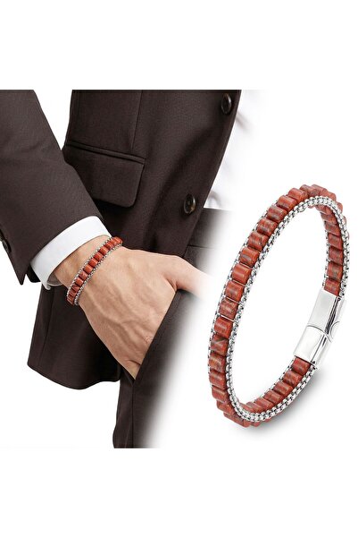 OGHAMAY Red Jasper Natural Stone Wicker Chain Men's Steel Bracelet 18392B28D18