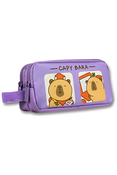 capybara Two-Compartment Printed Lilac Girls' Pencil Bag - 6217