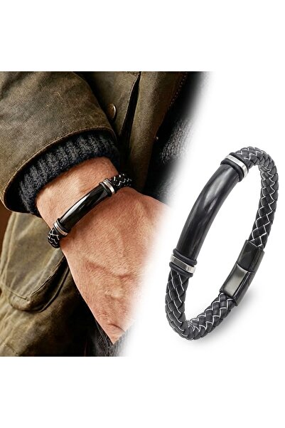 OGHAMAY Name Engravable Black and White Leather and Black Titanium Lock Brace...