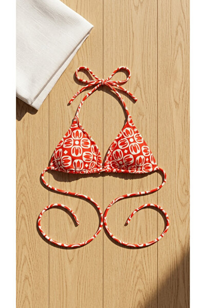 mantis Kadın İpli Bağlamalı Kırmızı Beyaz Desenli Bikini Üst