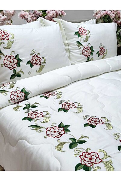 BAŞ TASARIM Double Red Large Floral Cream Color Winter Sleeping Set