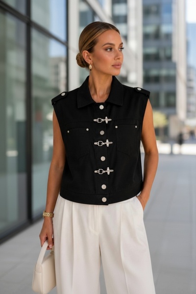 VALEQUİN Metal Kilit Detaylı Çıtçıtlı Crop Yelek Ceket