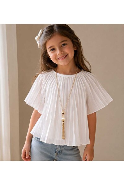 CUENTO KIDS Girl's Trendy Pleated Bat Sleeve Blouse with Accessories