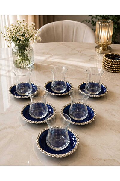 FTH DİZAYN Golden Style 6 Person Navy Blue Tea Set Cups Krosno Kristaldie