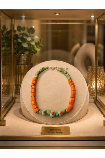 bizizmoda Glass Bead Orange and Aqua Green Design Necklace