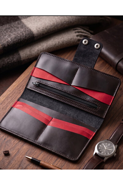 LUNA LUSTER Genuine Leather Red Black Large Size Portfolio Wallet Handbag wit...