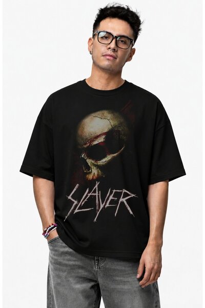 Fuddy Moda Tricou unisex cu imprimeu Slayer, cu guler rotund, tricou supradim...
