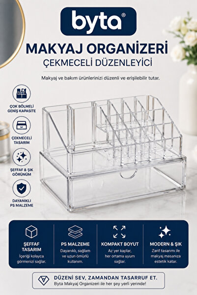 BYTA Makeup Organizer with Transparent Drawers – Multi-Compartment Cosmetic O...