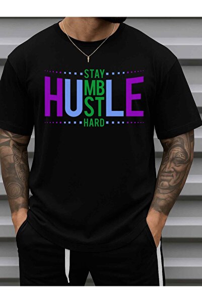 1001moda تي شيرت رجالي تحفيزي بتصميم 'Stay Hustle'، 100% قطن 180 جرام، أسود ب...