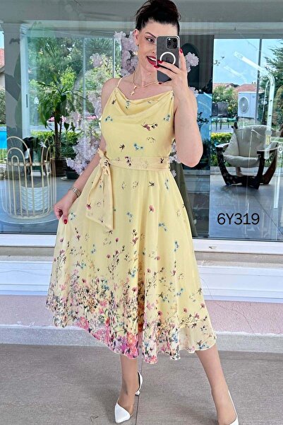 İnce Topuk Degaje Floral Chiffon Dress 6Y319