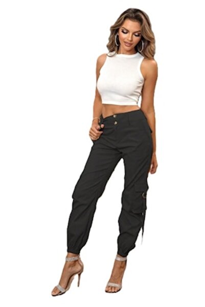 StreetWear Outlet Pantaloni cargo de damă cu talie înaltă și buzunare lateral...